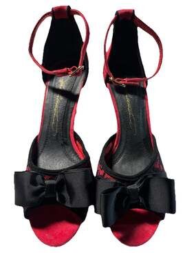 Hal Rubenstein Size 6M Leather Red & Black Lace Peep Toe Pumps Bow